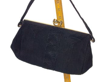 Vintage 1940s Tagged Genuine Corde' Black Gimp Clutch/Handbag/Purse, Brass Frame Purse with Kiss Clasp, Kadin Bag