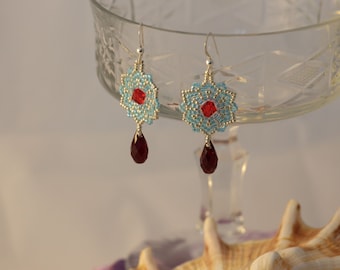 March Birthstone Earrings,Swarovski Crystal red and Aquamarine Earrings ,Sterling Silver