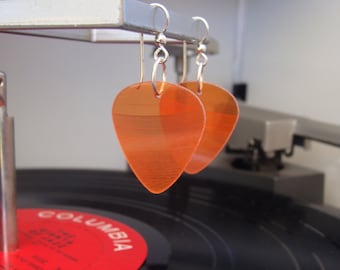 Orange Vinyl Record Earrings - Handmade Guitar Picks made from Vinyl Records - Fashion Gift for Rockers, Musicians - Hit Record Earrings