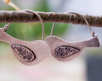 Silver bird earrings, Silver hoop earrings, Metalsmith earrings , Sterling silver earrings, Gift for her , Unique hoop earrings ,Cotemporary