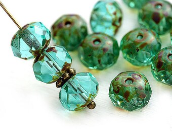 6x8mm Picasso Light Teal Green Czech glass beads, donut, rondelle, gemstone cut, fire polished - 12Pc - 2872