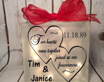 home decor lighted glass block 6x6 two hearts come together joined as one forevermore, wedding gift, bride, anniversary, gift for couple