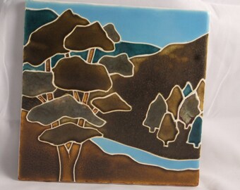 Ceramic Landscape Tile-Tree and River Lt Blue