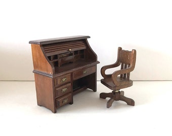 Vintage Toy Rolltop Desk and Swivel Desk Chair - Wood Dollhouse Furniture - 1:12 Scale Miniatures