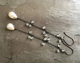 Long Pearl Drop Earrings - Aquamarine Earrings - Oxidized Sterling Silver Earrings - Dressy Earrings - White Pearl Earrings -Dainty Earrings