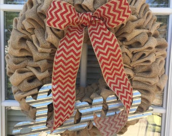 Burlap Wreath w/ red chevron ribbon and galvanized LOVE lettering