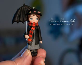 Mary Poppins: Ooak doll - necklace - Polymer clay dolls - Miniature art doll - brooch, polymer clay doll, mary poppins