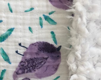 Purple birds muslin and llama fur baby blanket