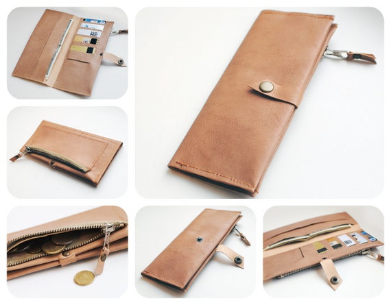 Items similar to Minimalist Womens Beige / Red Genuine Leather Wallet on Etsy