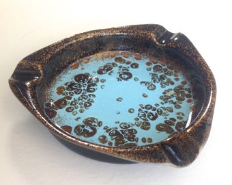 Vintage Mid Century Copper Blue Enamel Ashtray 1960s 1970s
