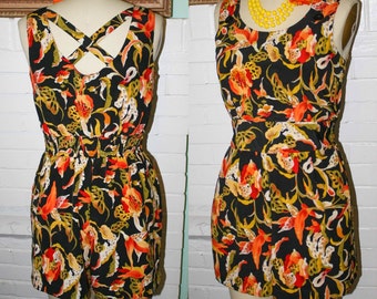 SALE Vintage Pinup Romper- 40s Style- 90s does 1940s- Hawaiian Tiki Print- Size Small Medium