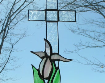 lady slipper/cross stained glass suncatcher