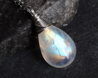 Moonstone Necklace, Moonstone Jewelry, Rainbow Moonstone Pendant, Sterling Silver, June Birthstone, CircesHouse, "Indra"