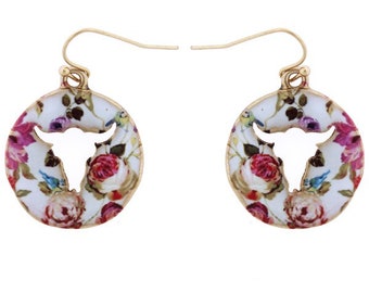 Western Cowgirl Longhorn Floral Gold Earrings
