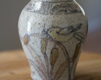 Studio Pottery Vase with Bird Cattails