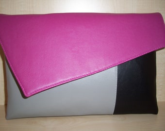 Pink grey and black faux leather over sized clutch bag