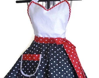 Sweetheart Retro Apron Black and White Red and White Polka Dots Circular Flirty Skirt
