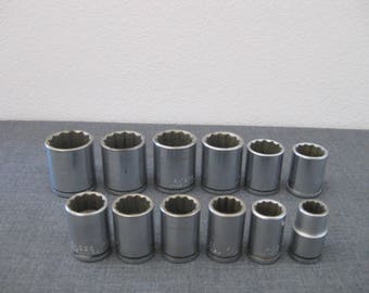 Vintage 1/2" Drive 12 Point SAE Chrome Socket Set U.S.A. 12 Pieces
