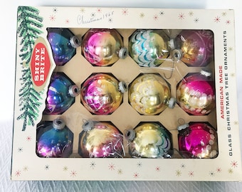 Vintage Shiny Brite Christmas Ornaments Mercury Glass Balls Ombre Fade Glitter - Set of 12