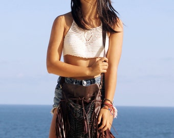 Boho fringe leather bag, dark brown with black bone choker, bohemian fringe purse