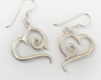 Silver Tribal Scroll Heart Earrings with a brushed finish