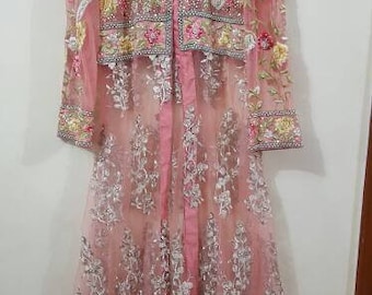 Coral Beaded Jacket , Women Embroidered Jacket, Floral Jacket, Peach Jacket, Pakistani Gown, Pakistani Wedding Clothes