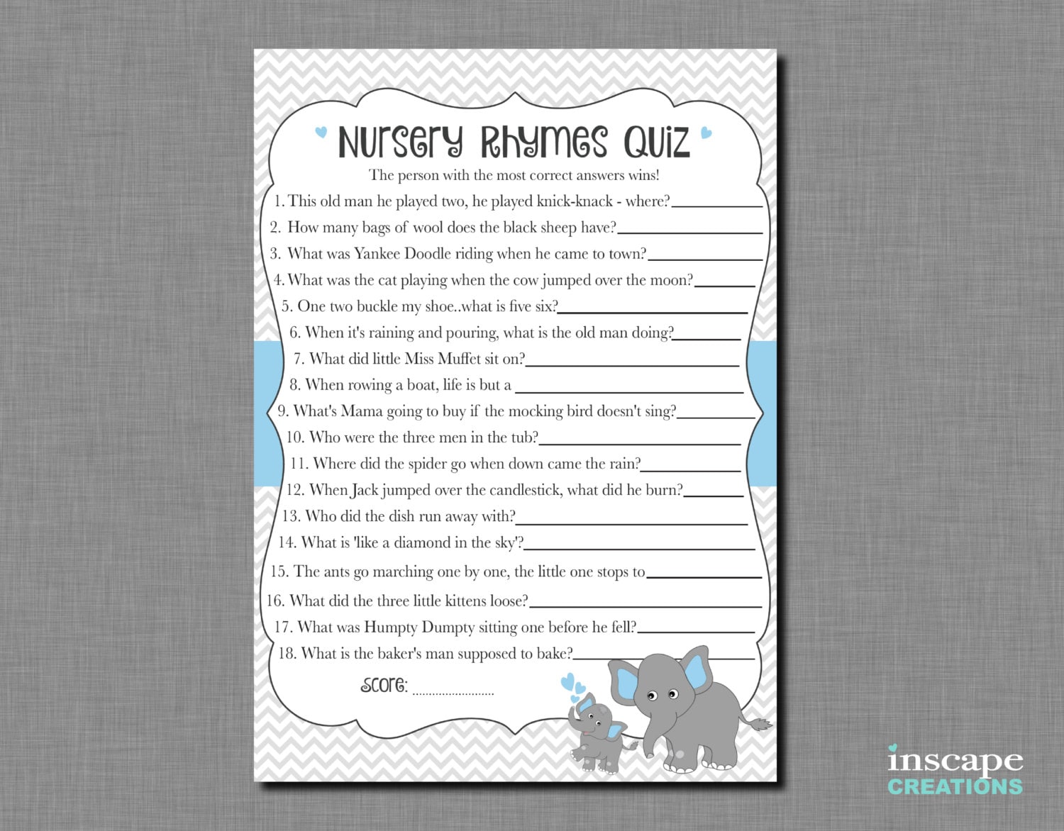 Elephant Nursery Rhyme Quiz Printable Blue Baby Shower Nursery