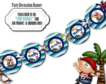 Pirates Party Bunting, Birthday Party Decoration, Pirate Ship, Parrot, Happy Birthday Matey, Walk the Plank, Shiver Me Timbers, Red and Blue
