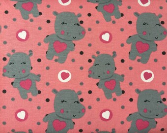 Printed Jersey, printed cotton jersey fabric "Hippopotamus on pink background"