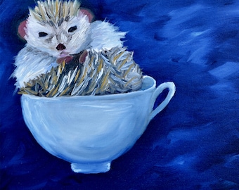 Hedgehog Painting, Hedgehog in a Teacup (Original Oil Painting), Small Painting