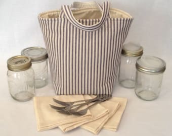 Zero Waste Lunch or Shopping Bag, Ticking, Pint Size, 4 Jar Carrier, Custom Mason Jar Shopping Tote