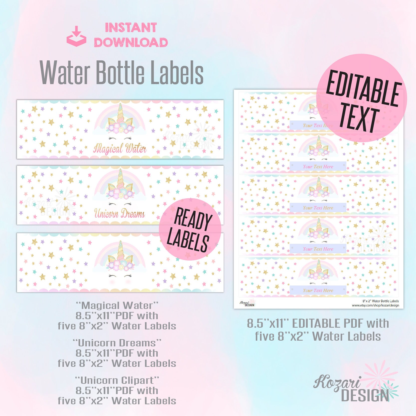 editable unicorn water bottle labels unicorn party decor