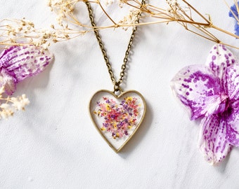 Real Pressed Flower and Resin Heart Necklace in Red, Pink, Yellow, and Purple Mix