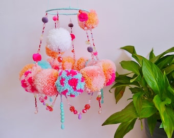 Pom Pom Chandelier/ Mobile in Pink and Turquoise