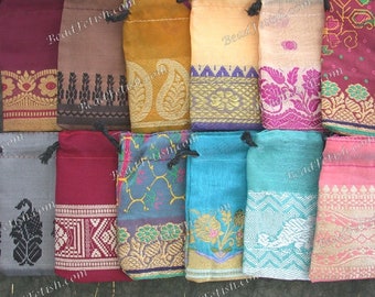 Recycled Sari Drawstring Gift Bags, 12 Gift Pouches 3 x 2" Fabric Gift Bags, Multi Colored India Gift Bags, Handcrafted Bags MS-033-47