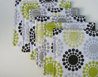 Fabric Coasters Bright Green Black Gray Modern Circles, Set of Six