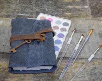 Leather Journal with watercolor paper Blue with Key