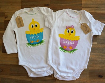 CHICKEN Baby Girl & Boy Bodysuit set Hand Painted Personalized, Easter Little Chicks Matching Bodysuit for Siblings Twins Brother and Sister
