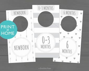 Printable Nursery Closet Dividers | 8 in set- PDF Instant Download | Baby Closet Organizer Clothes Hanger Label Gender Neutral Gray Patterns