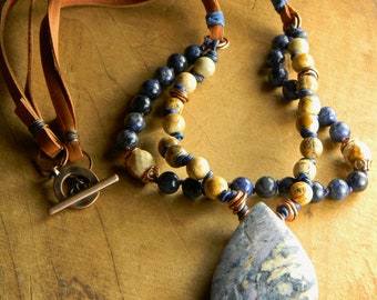 Denim Blue Pendant Necklace Dumortierite Picture Jasper Knotted Leather