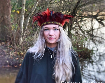 Handmade Feather Headdress, Red Boho Gypsy Crown, Indian Headdress