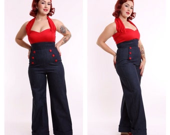 Land Ahoy - 40s Denim Wide Leg Jeans - Navy Buttons - ON SALE ! Size 16