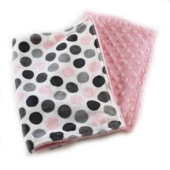 Minky Baby Lovey mini Blanket, Personalized Baby Blanket, security blanket, Pink Gray Dots Blanket, Tag Blanket, Baby Shower Gift, BabyGirl