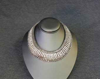 Vintage Silver Tone Clear Crystal Rhinestone Mesh Collar Necklace