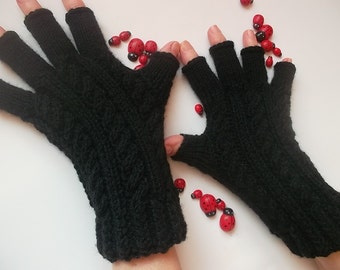 Women Size M Black GLOVES Accessories Mittens Wrist Warmers Ready To Ship Hand Knitted Winter Arm Crochet Wool Half Fingers Gift Cabled 1221