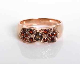 Gold Garnet Flower Ring - Red Gemstone Ring - Vintage Inspired Jewelry - Rose Gold Ring with Garnet and Smoky Topaz - Flower Shape Ring