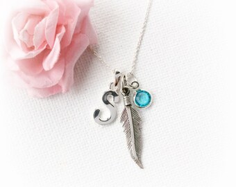 Sterling Silver Feather Necklace, Birthstone Necklace, Silver Feather Pendant, Feather necklace,Silver personalized necklace,SSCHFIB1