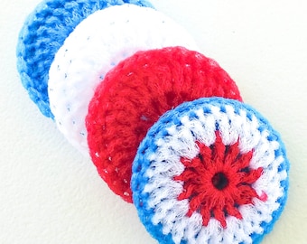 Crochet Nylon Dish Scrubbies - Set of 4 - Red, White and Blue Pot Scrubber