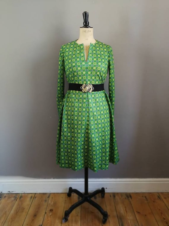 Retro green yellow dress / green 60s tunic dress / boho retro dress / long sleeve polyester dress / retro mod dress / vintage green dress