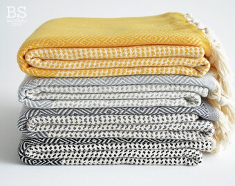 SALE 50 OFF/ BathStyle / Diamond Style Turkish Beach Bath Towel Peshtemal / Yellow-Gray-Black
